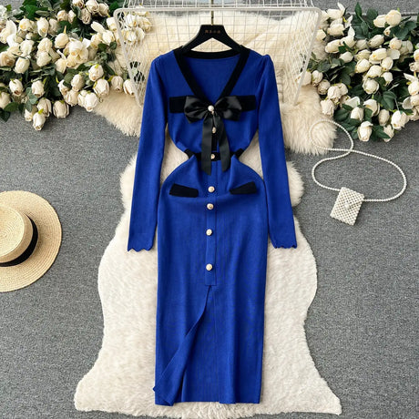 SINGREINY Office Lady Sweater Long Dress 2023 Bow Single Breasted Elastic Split Women Autumn Dress Fashion Senior Knitted Dress - Lootquake