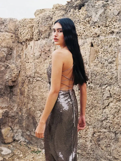 New Sexy Sleeveless Backless Lace-up Slim Long Dress Summer Elegant Pleated Backless Bright Sequins Dress Luxury Evening Dresses - Lootquake