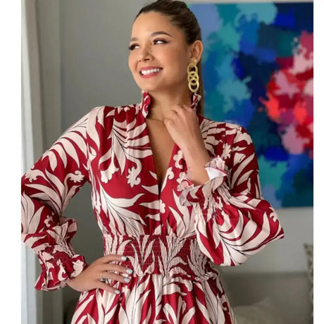 Europe And America Cross Border Autumn/Winter New Long Dress with Waist Pullover And Bohemian Print Long Sleeve Large Swing - Lootquake