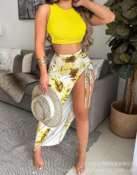 Elegant Two-Piece Women's Summer Dress Set with Ginkgo Print Strapless Short Top and Drawstring High Slit Casual Long Dress Set - Lootquake