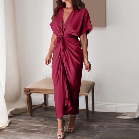 Formal Dresses For Wedding Guest Short Sleeve Long Dress Temperament Commuting High Waist Button Dress vestidos de graduación - Lootquake
