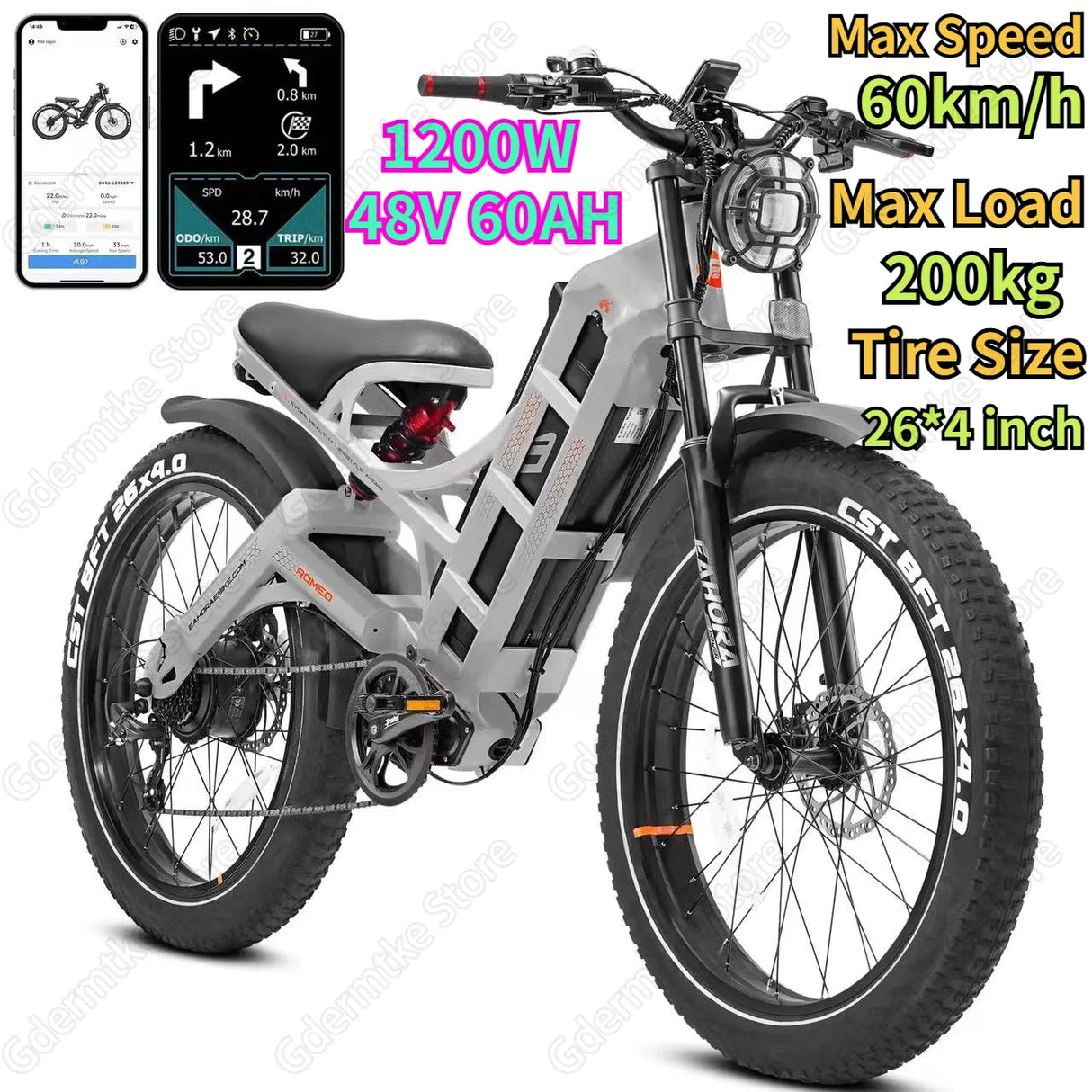 Bicicleta eléctrica Romeo con motor de 1200 W, 48 V, 60 Ah, 34 mph, velocidad máxima, 26 x 4 pulgadas, neumáticos anchos todoterreno, para acampar, para adultos.