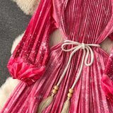 Spring Holiday Print Long Dress For Women Fashion Loose Lantern Sleeve Party Robe Female Big Swing Tassels Belt Pleated Clothes