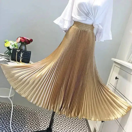 High-Waisted Vintage A- Line Accordion Skirt European Style Pleated Dress Metal Color Wide Hemline Long Dress For Women - Lootquake