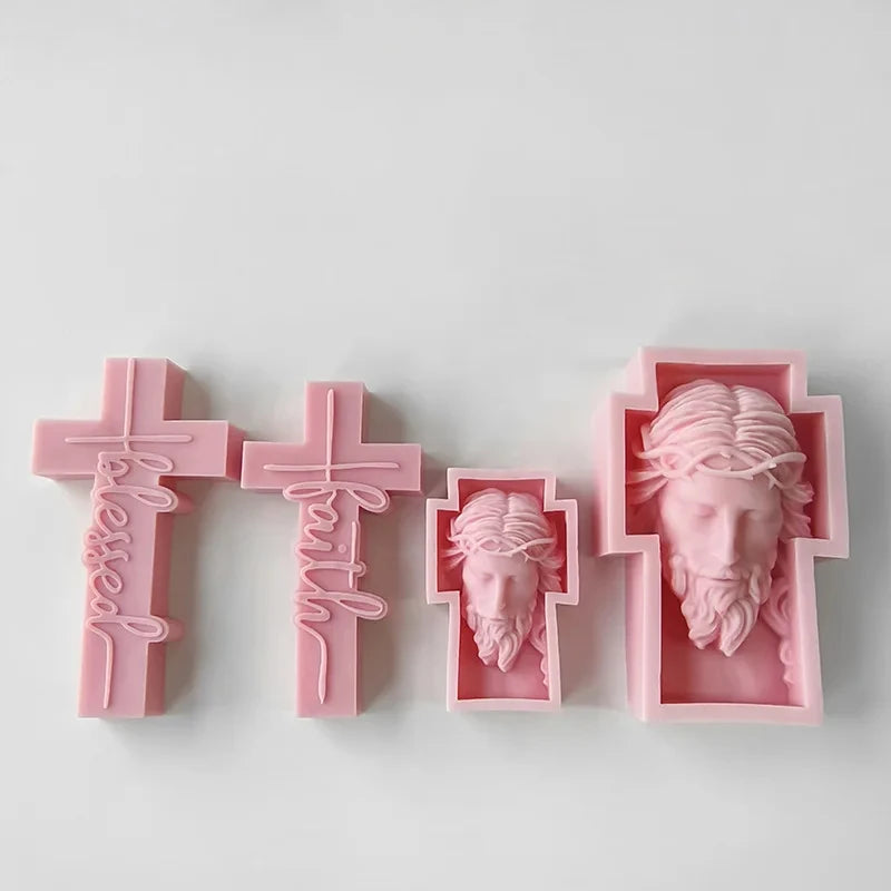 Portrait Face Silicone Mold Jesus Sculpture Cross Aroma Candle Resin Plaster Ornament Mold Home Decor Crafts Making Mould
