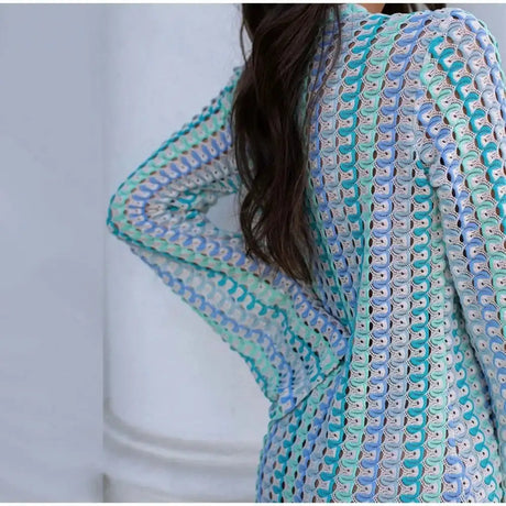Striped Hooked Crochet Knit Long Dress Women Autumn Long Sleeve A Line Vestidos Female Vintage Commuter Slim Dresses - Lootquake