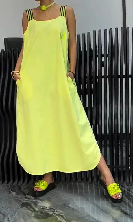 Summer Fashion Solid Cotton Linen Dresses Women Sexy Square Neck Sleeveless Suspender Slit Long Dress Casual Loose Dress Woman - Lootquake