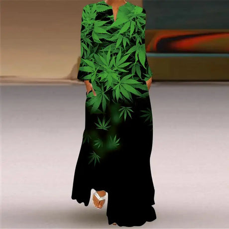 Women Autumn Winter Long Dress Elegant Party Casual V Neck Long Sleeve Vestids Style Loose Stripe Printing Vintage Maxi Dresses - Lootquake