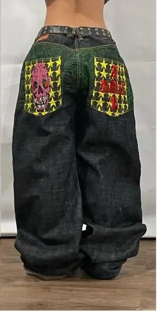 Y2K Pocket Fashion Embroidery Street Harajuku Gothic Retro High Waisted Loose Casual Jeans American Hip-hop Wide Leg Pants - Lootquake