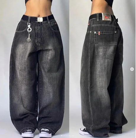 2023 New American Harajuku retro skull print straight high waist Y2K women's washed grey jeans Streetwear Gothic wide trousers - Lootquake