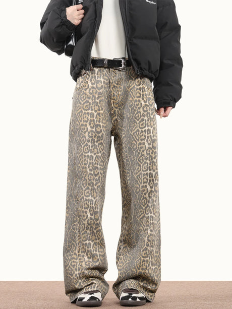 American Style Leopard Wash Jeans Women Y2K Retro Street Hot Girl Loose Casual Pants High Waist Straight Leg Jeans - Lootquake