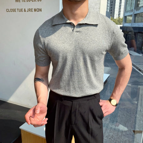 Men's Polo Shirt Elbow-Sleeved T-shirt Fashion Polo Collar Slim-Fit Men Clothing Woolen Sports Polo Tee Shirt Man Golf Shirt EUR - Lootquake