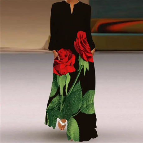 Women Autumn Winter Long Dress Elegant Party Casual V Neck Long Sleeve Vestids Style Loose Stripe Printing Vintage Maxi Dresses - Lootquake