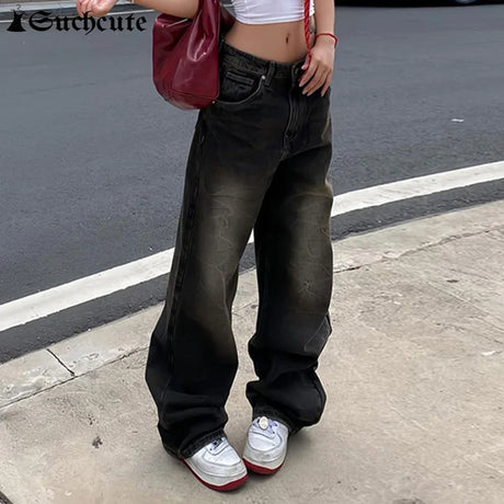 SUCHCUTE Low Waist Jeans for Women Goth Y2k Style Baggy Jeans Punk New Jeans Wide Leg Denim Pants Kpop Casual Loose Streetwear - Lootquake