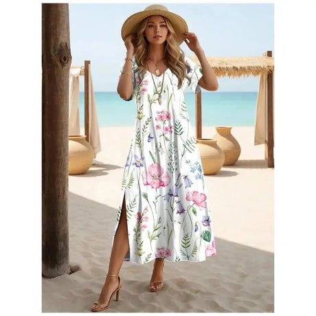 Elegant Dresses For Women Holiday V-Neck Long Dress 3d Vintage Flowers Print Short Sleeve Slit Skirt Summer New Beach Dresses - Lootquake