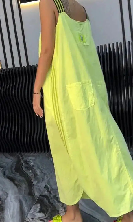 Summer Fashion Solid Cotton Linen Dresses Women Sexy Square Neck Sleeveless Suspender Slit Long Dress Casual Loose Dress Woman - Lootquake