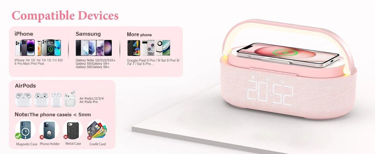 Enceinte Bluetooth 2500 mAh avec chargeur sans fil, radio FM et lumière réglable – Double enceinte portable pour chambre, bureau et cadeaux