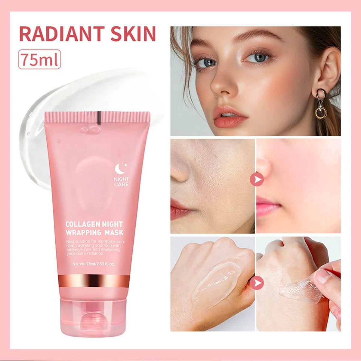 Mascarilla facial despegable de colágeno: hidratante, reafirmante, iluminadora, minimizadora de poros, cuidado nocturno, suave, unisex, certificada.