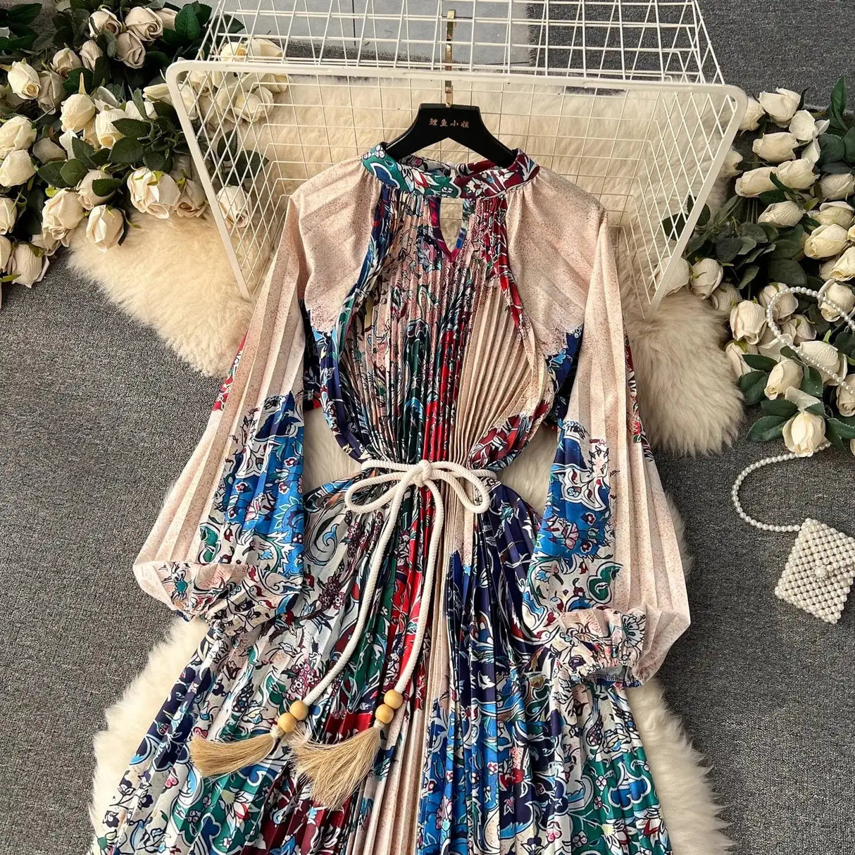 Spring Holiday Print Long Dress For Women Fashion Loose Lantern Sleeve Party Robe Female Big Swing Tassels Belt Pleated Clothes - Lootquake