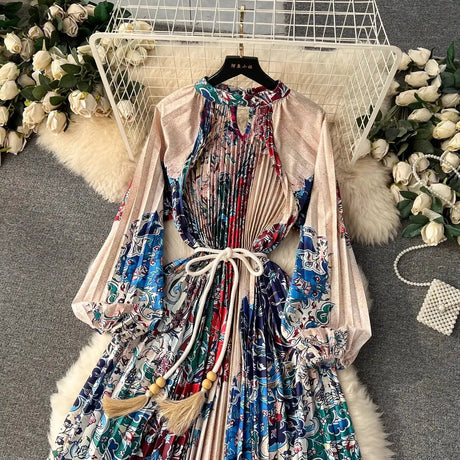 Spring Holiday Print Long Dress For Women Fashion Loose Lantern Sleeve Party Robe Female Big Swing Tassels Belt Pleated Clothes - Lootquake