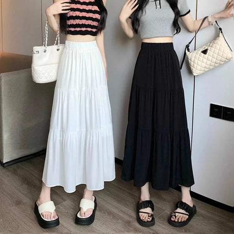 Spring 2024 New Women's Petite Black Umbrella Skirt High-waisted A- line White Dress Long Dress Drape Sense - Lootquake