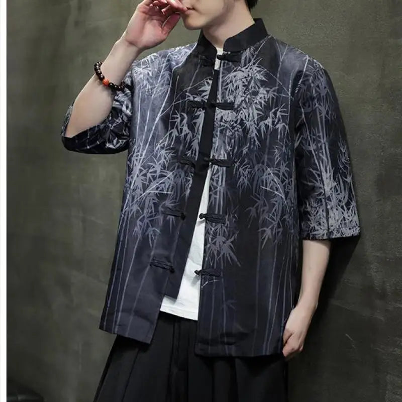 Men Chinese Style Hanfu Shirt Mens loose Tops Tang Suit Bamboo Printing Traditional Kung Fu Shirts Male Casual Shirts M-XXXXXL - Lootquake