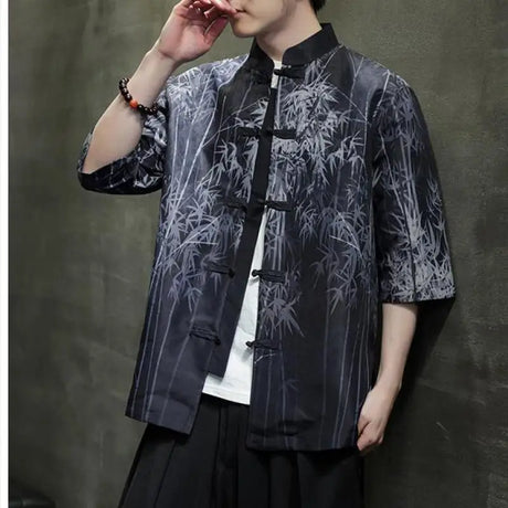 Men Chinese Style Hanfu Shirt Mens loose Tops Tang Suit Bamboo Printing Traditional Kung Fu Shirts Male Casual Shirts M-XXXXXL - Lootquake