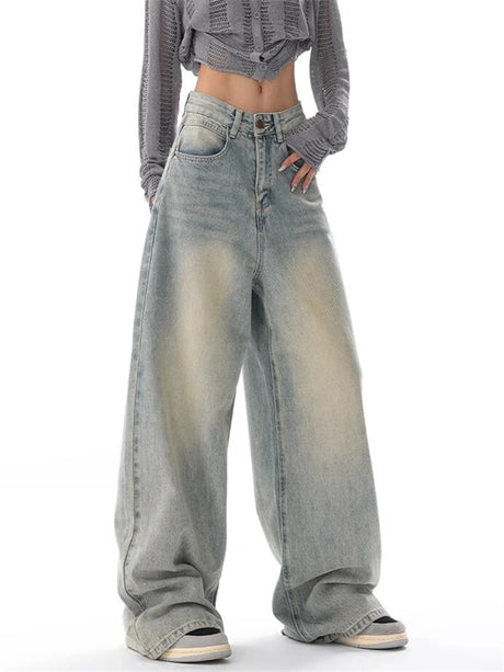 Women's American Vintage Washed Thin Jeans Street Casual Neutral Style Blue Denim Trousers Female High Waist Straight Pants - Lootquake