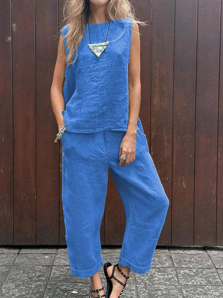 Summer Cotton And Linen Casual Outfits Female Fashion Solid Color Two-piece Set For Women Sleeveless Top Trousers Women's Suit - Lootquake