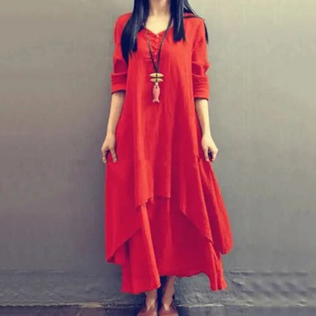 Women Elegant Linen White Dresses Bohemia Layering Vintage Robe Long Sleeve Loose Long Dress Female Autumn Vestidos - Lootquake