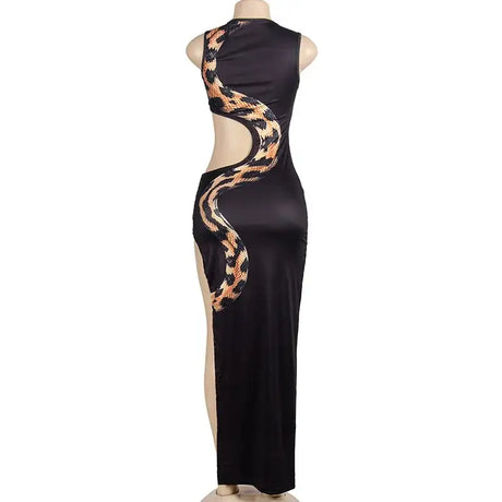 Tossy Python Printed Hollow Out Maxi Dress Female Slim Sexy Side Split Sleeveless Contrast Summer Party Dress Women's Long Dress - Lootquake