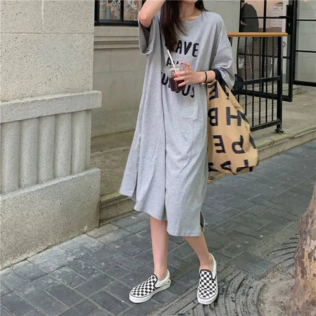 Harajuku Graphic White Long Dress Woman Clothing Y2k Casual Short Sleeve O-Neck Korean Fashion Summer Womens Loose Dresses 2024 - Lootquake
