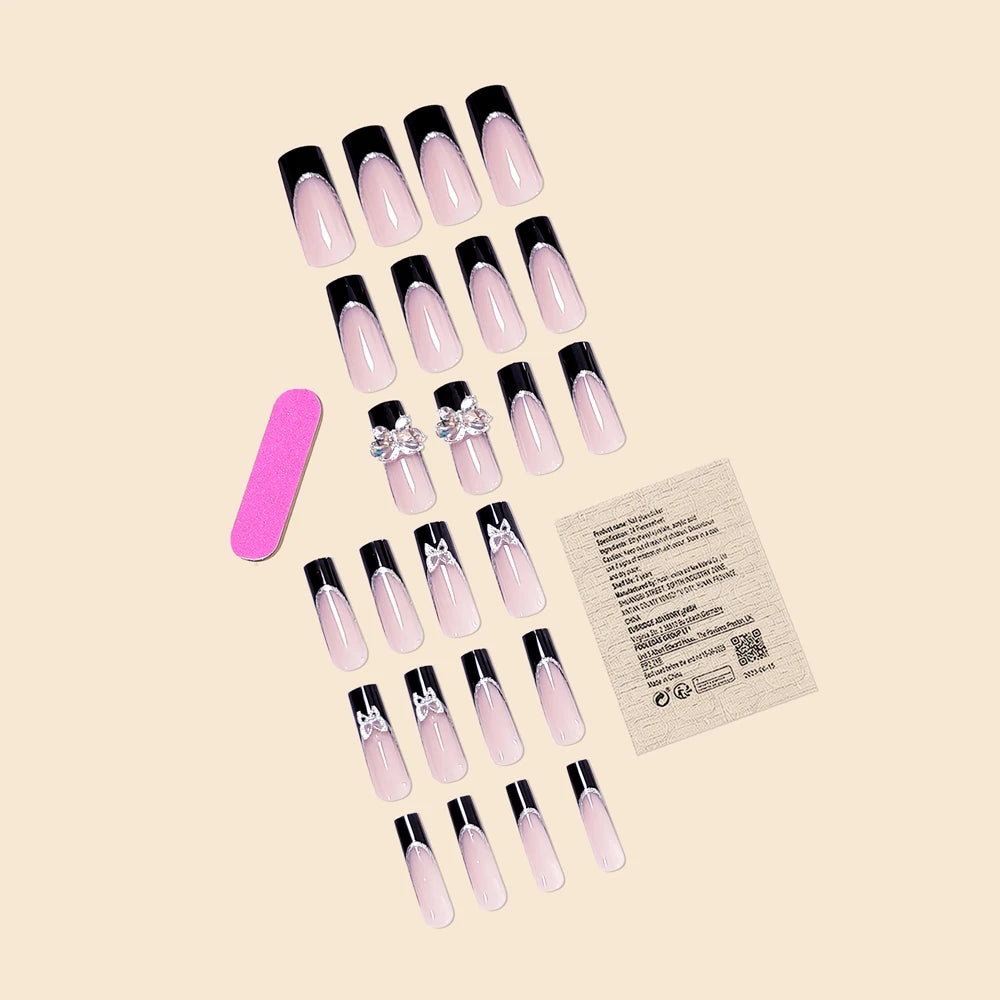 Luxury Women Girls Super Long Square Black French Sparkling Bow Decoration Full Coverage Wearable Fake Nail Press on Nail Art