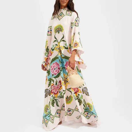 Ethnic Retro Spring Print Boho Long Dress Women Sexy Stand Collar Lace-up Party Dress Fall Long Sleeve Loose Ladies Maxi Dresses - Lootquake