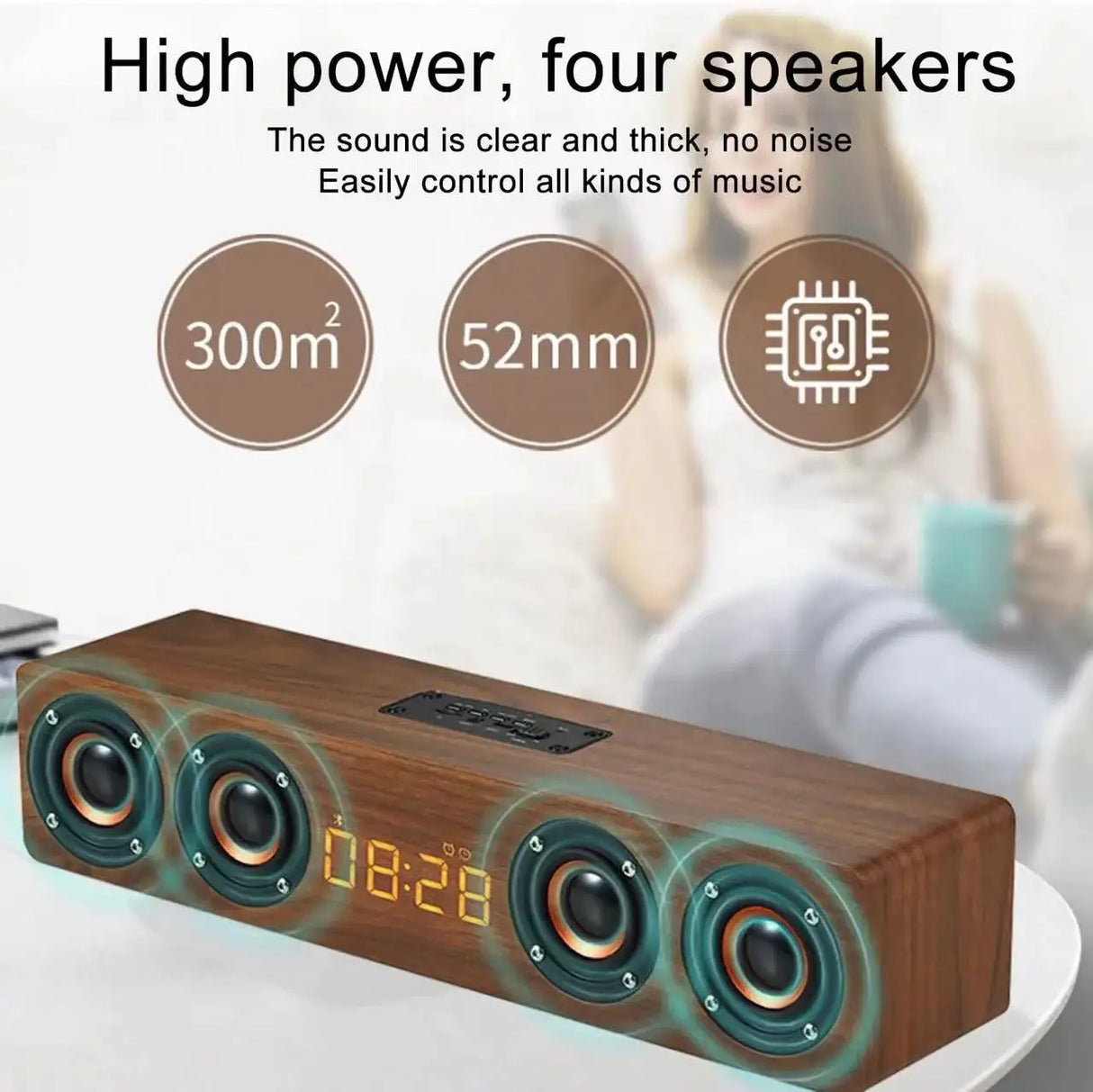 Altavoz Bluetooth de madera, portátil, inalámbrico, subwoofer, reloj, caja de sonido, ordenador de casa, barra de sonido de pared, estéreo HiFi, TF, AUX, disco U