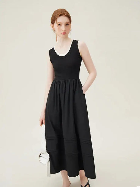 FSLE Classic Cleanfit Elegant Fake Two-pieces Vest Summer Women Long Dress 2024 New Versatile Casual A-Line Dress 24FS12982 - Lootquake