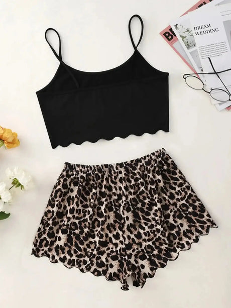 Leopard Print Sling Sleepwear Women's Pajamas Set Sexy Lingerie V-Neck Sleeveless Top and Shorts Sets Pyjamas Homewear - Lootquake