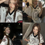 Silver 2024 New Summer Retro Number 3 Jersey for Women Street Contrasting Patchwork Mesh V-neck Oversize Short Sleeved T-shirt - Lootquake