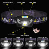 Powerfull LED Headlamp Rechargeable Body Motion Sensor Headlight Camping Flashlight Head Light Torch Lamp With USB - Lootquake