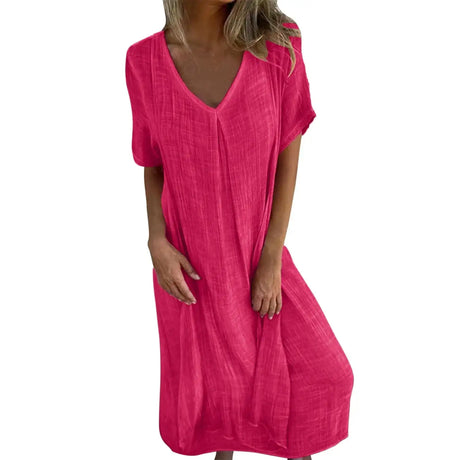Cotton Linen Short Sleeve Loose Dress 2024 Summer Women's V-neck High Waist Long Dress Vintage Solid Color Straight Beach Dress - Lootquake