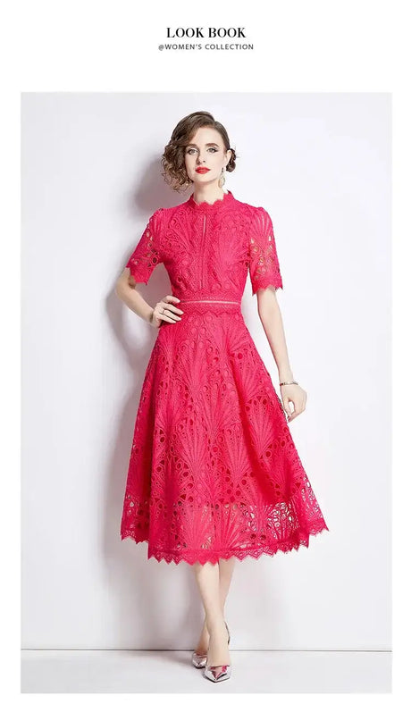 SMTHMA Vintage High-End O-Neck Short Sleeve Lace Hollow Out Dress For Women's Summer Slim Elegant Long Dress Female Clothing - Lootquake