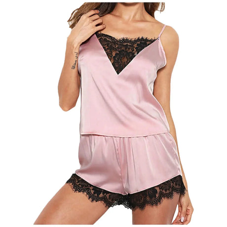 Women Sleepwear Satin Sexy Lace Pajamas Set Female Elegant Sleeveless Top And Shorts Nightgowns Bathing Suit Underwear Canisa - Lootquake