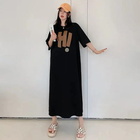 Harajuku Graphic White Long Dress Woman Clothing Y2k Casual Short Sleeve O-Neck Korean Fashion Summer Womens Loose Dresses 2024 - Lootquake