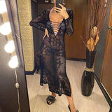 Deep V Dress Lace Up Long Sleeve Women Split Maxi Dress Crochet Knitted Tunic Mesh Sheer Sexy Bodycon Long Dress Vestido V4146B - Lootquake