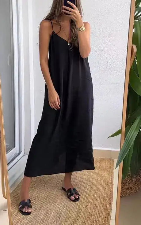 Summer Loose Spaghetti Strap Dresses Women Solid Color V-neck Casual Commuting Sleeveless Long Dress Female Fashion New Vestidos - Lootquake