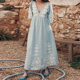 Elegant Print Half Puff Sleeve Dresses Women Loose V-neck Lace Up Backless Long Dress 2024 Summer New Ladies Chic Beach Robes - Lootquake