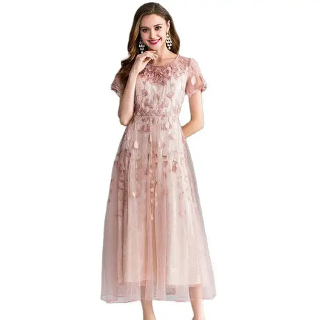 High-quality long dress embroidery large swing dress dress ladies elegant temperament round neck short-sleeved ladies dresses - Lootquake