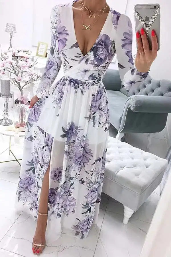 Amazon eBay Cross border 2024 Summer Chiffon Printed Long Dress V-neck Dress Long Sleeve Split Dress Women - Lootquake