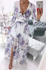 Amazon eBay Cross border 2024 Summer Chiffon Printed Long Dress V-neck Dress Long Sleeve Split Dress Women - Lootquake