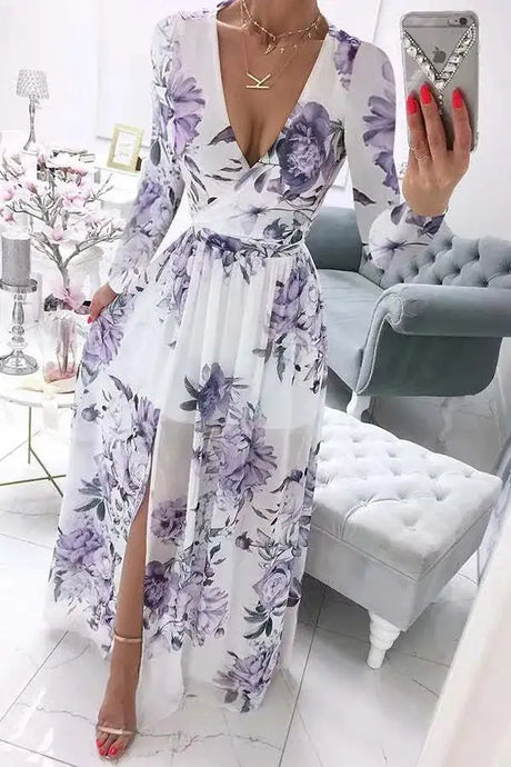Amazon eBay Cross border 2024 Summer Chiffon Printed Long Dress V-neck Dress Long Sleeve Split Dress Women - Lootquake